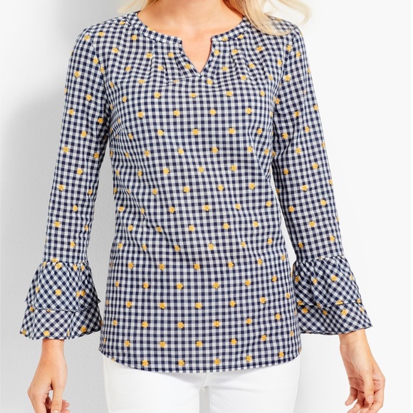 Talbots Petites Gingham Peasant Style Blouse with Tiered Bell Sleeves Embroidery - Picture 2 of 12